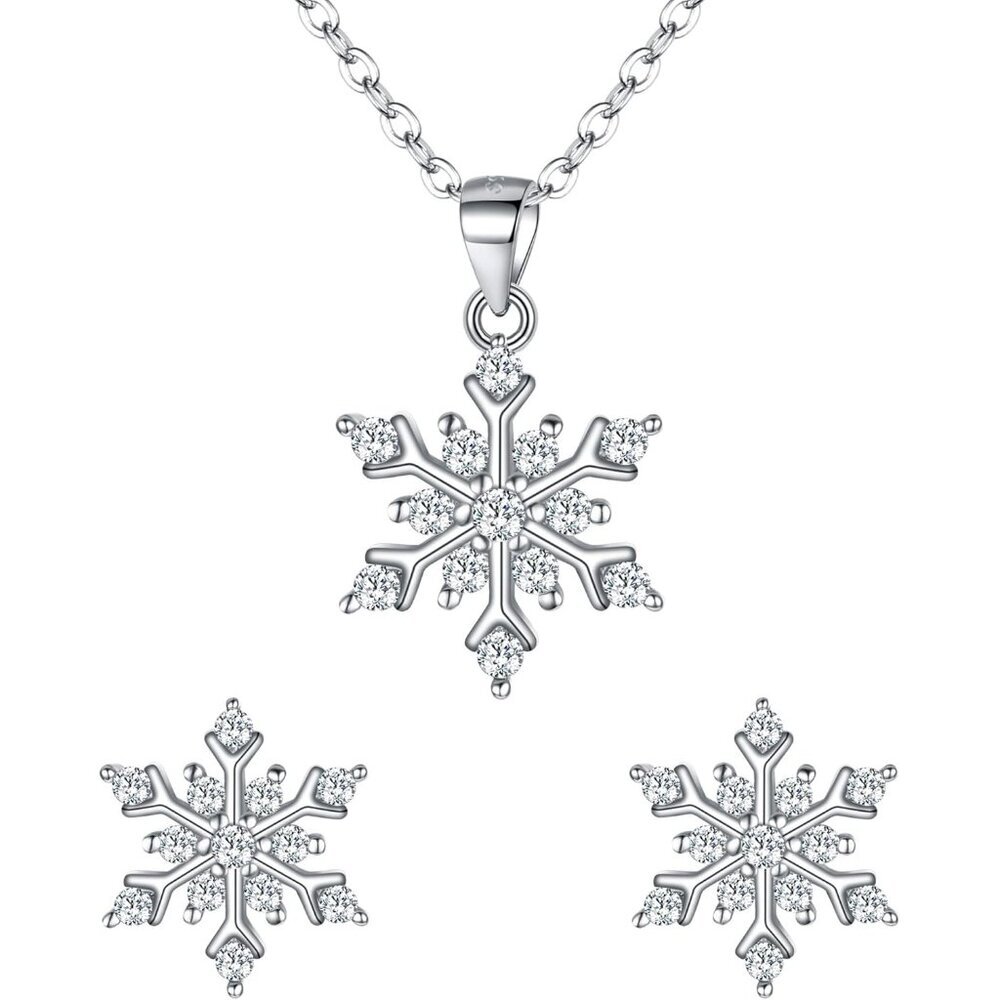 925 Sterling Silver Cubic Zirconia Winter Snowflake Pendant Necklace Stud Earrin